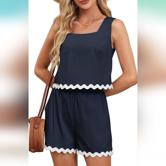 NWT 2 Piece Vacation Beach Outfit Square Neck Cropped Tank Scalloped - Picture 5 of 5